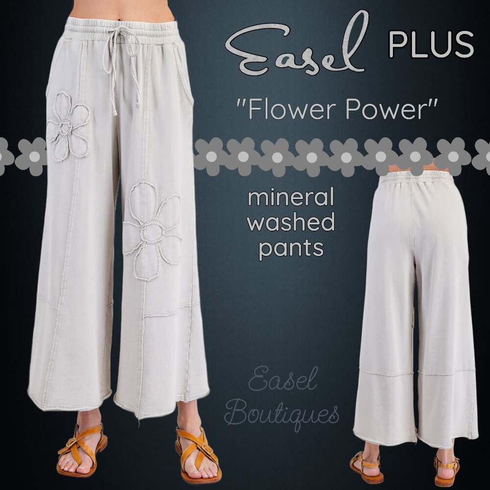 EASEL “Flower Power” Mineral Washed Pants Wide Leg Cozy Relax Fit Raw Seams Hems